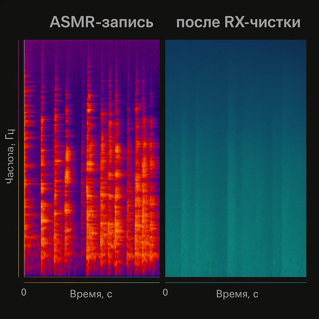 Спектрограмма до и после чистки кликов в ASMR
